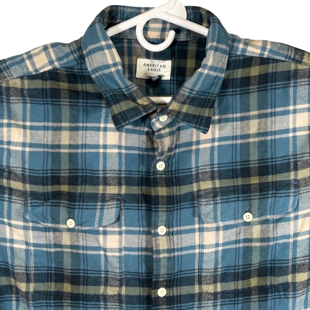 American Eagle Super Soft Flannel Shirt Mens XXL Blue Plaid Button Down Shirt